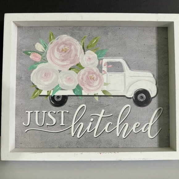 NWT "Just Hitched" Decorative Wooden Framed Sign /Plaque 9"x 11" x 1.5" - Picture 2 of 5